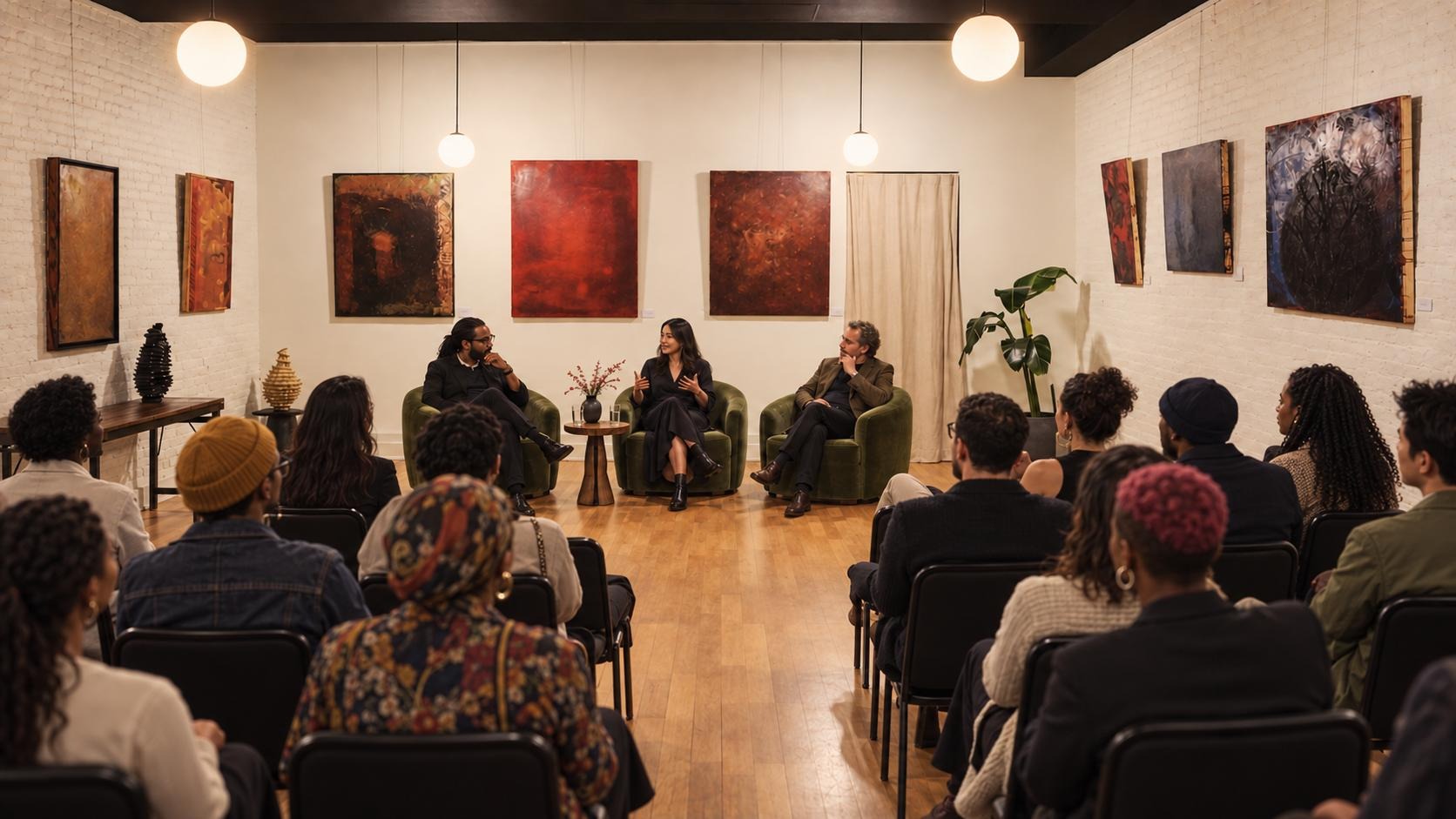 An audience gathered for a public talk in the gallery space