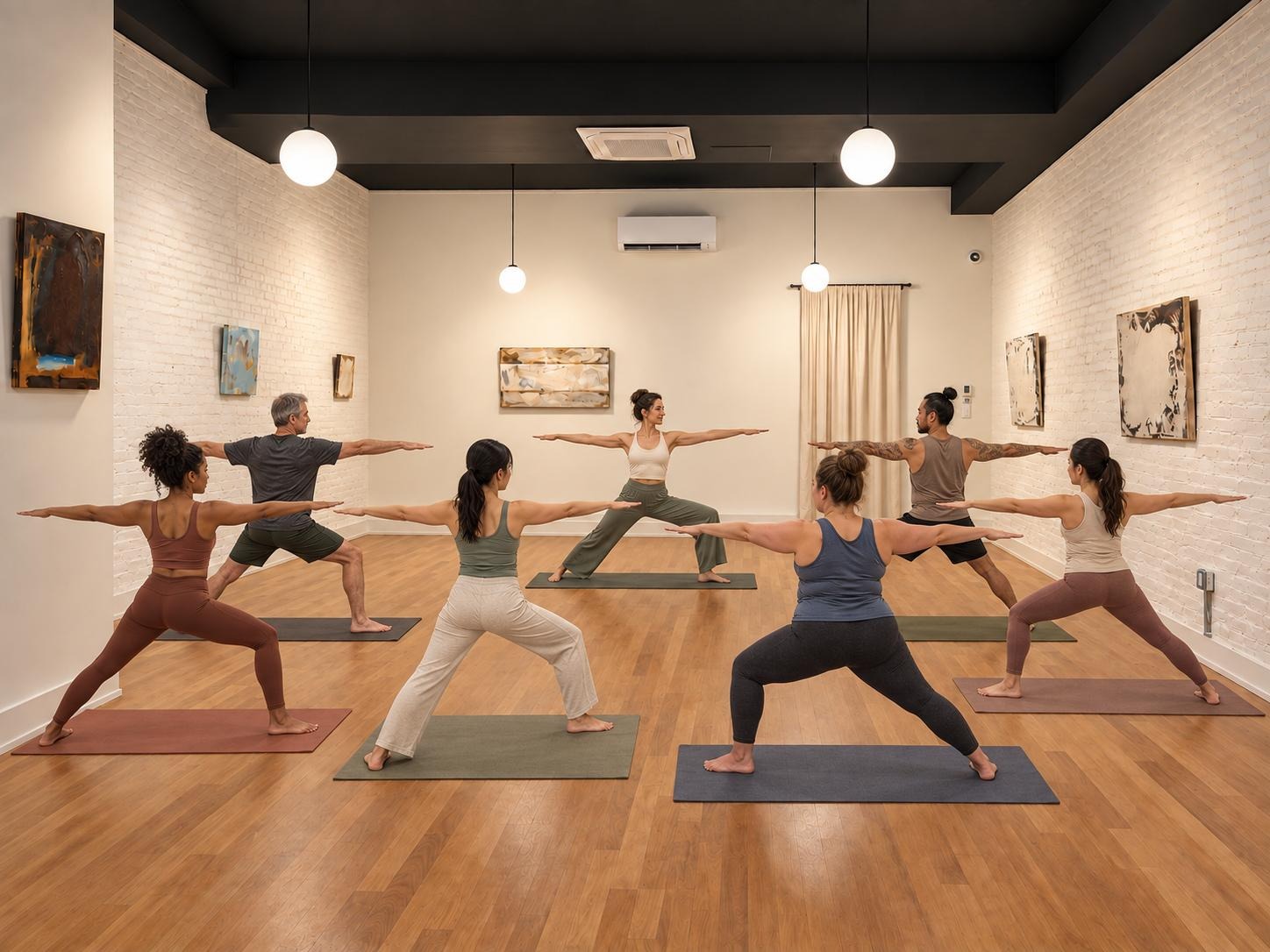 A yoga class practicing together in the gallery